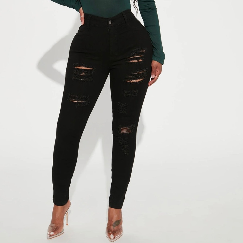 Fashionnova Black Distressed Skinny Jeans, High Waisted Black Ripped Jeans